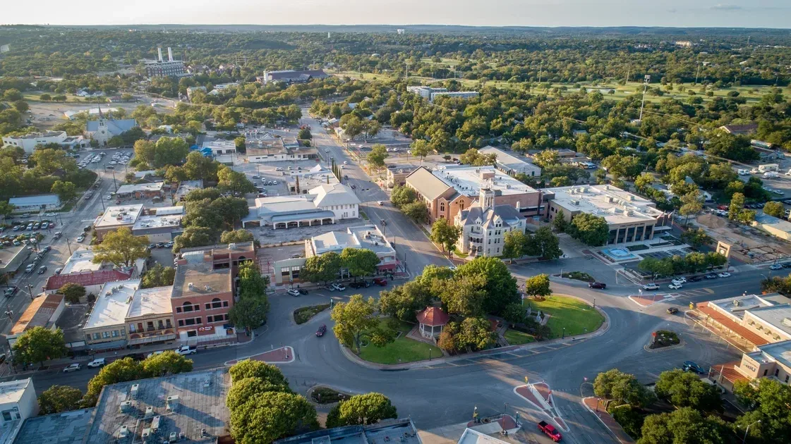 Aerial view of downtown New Braunfels, Texas